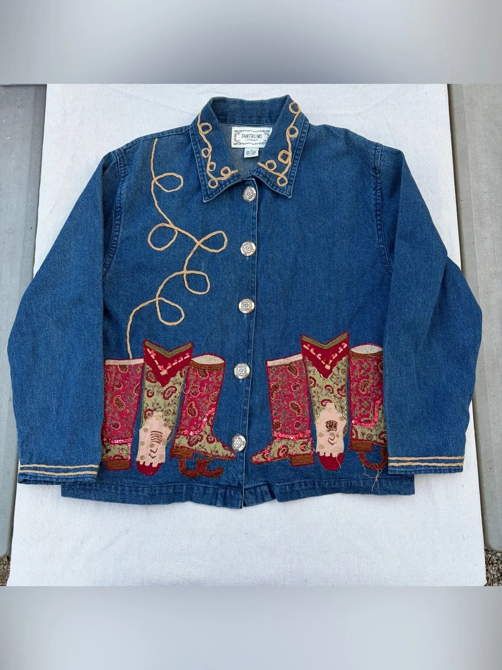 SOLD Vintage Tantrums Cowgirl Patchwork Denim Jacket Sequin Beaded Western - Picture 1 of 7